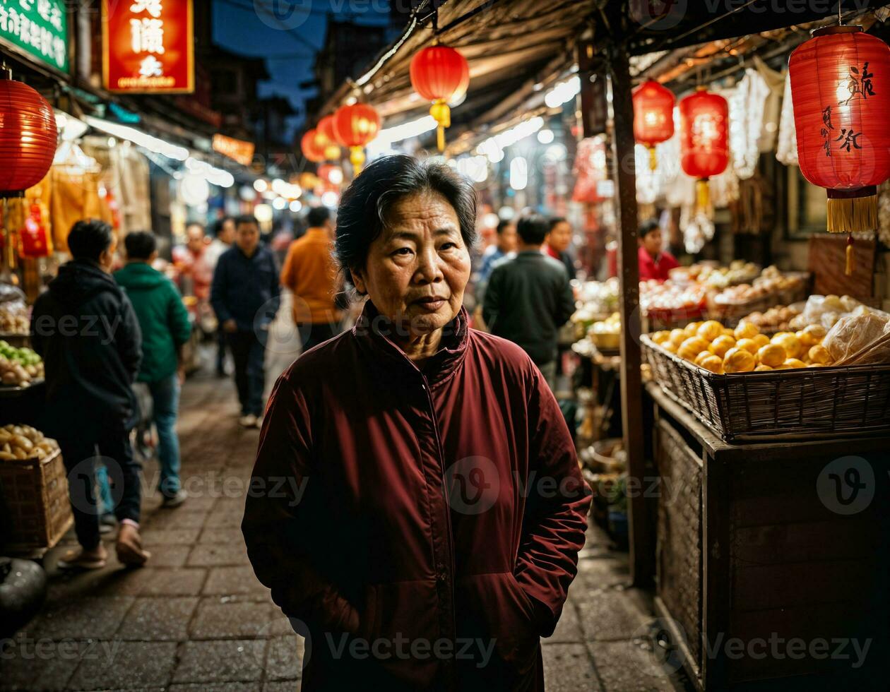 foto di anziano vecchio venditore donna nel Cina Locale strada mercato a notte, generativo ai