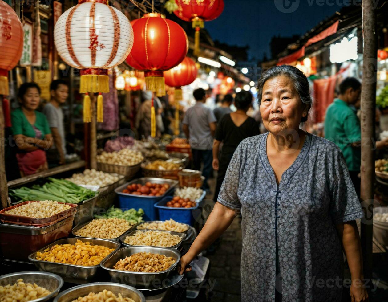 foto di anziano vecchio venditore donna nel Cina Locale strada mercato a notte, generativo ai