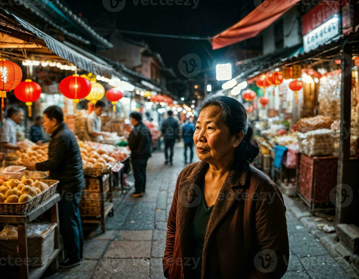 foto di anziano vecchio venditore donna nel Cina Locale strada mercato a notte, generativo ai