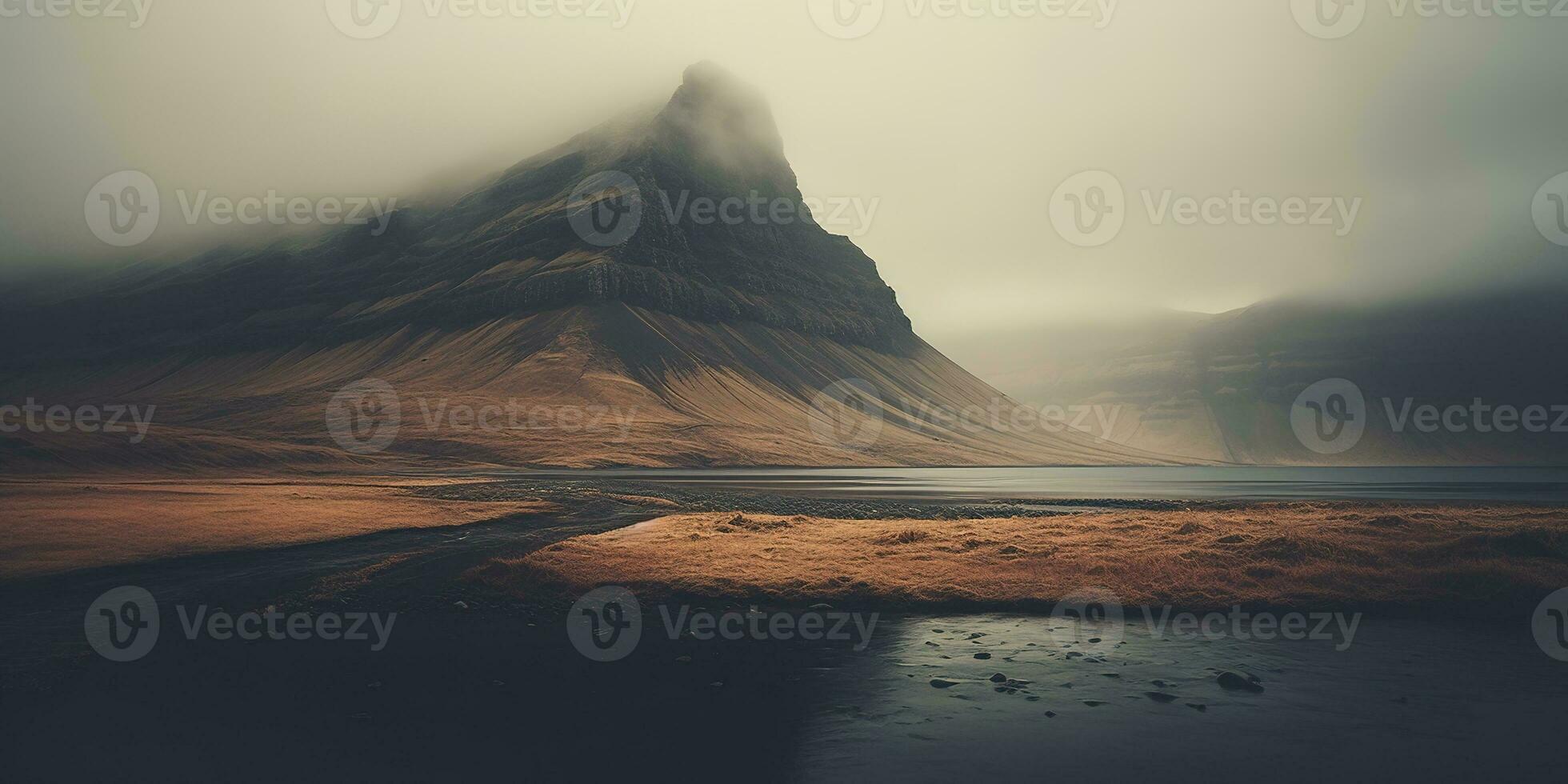 ai generato generativo ai, Islanda bellissimo nebbioso selvaggio paesaggio con montagne, estetico smorzato colori, foto