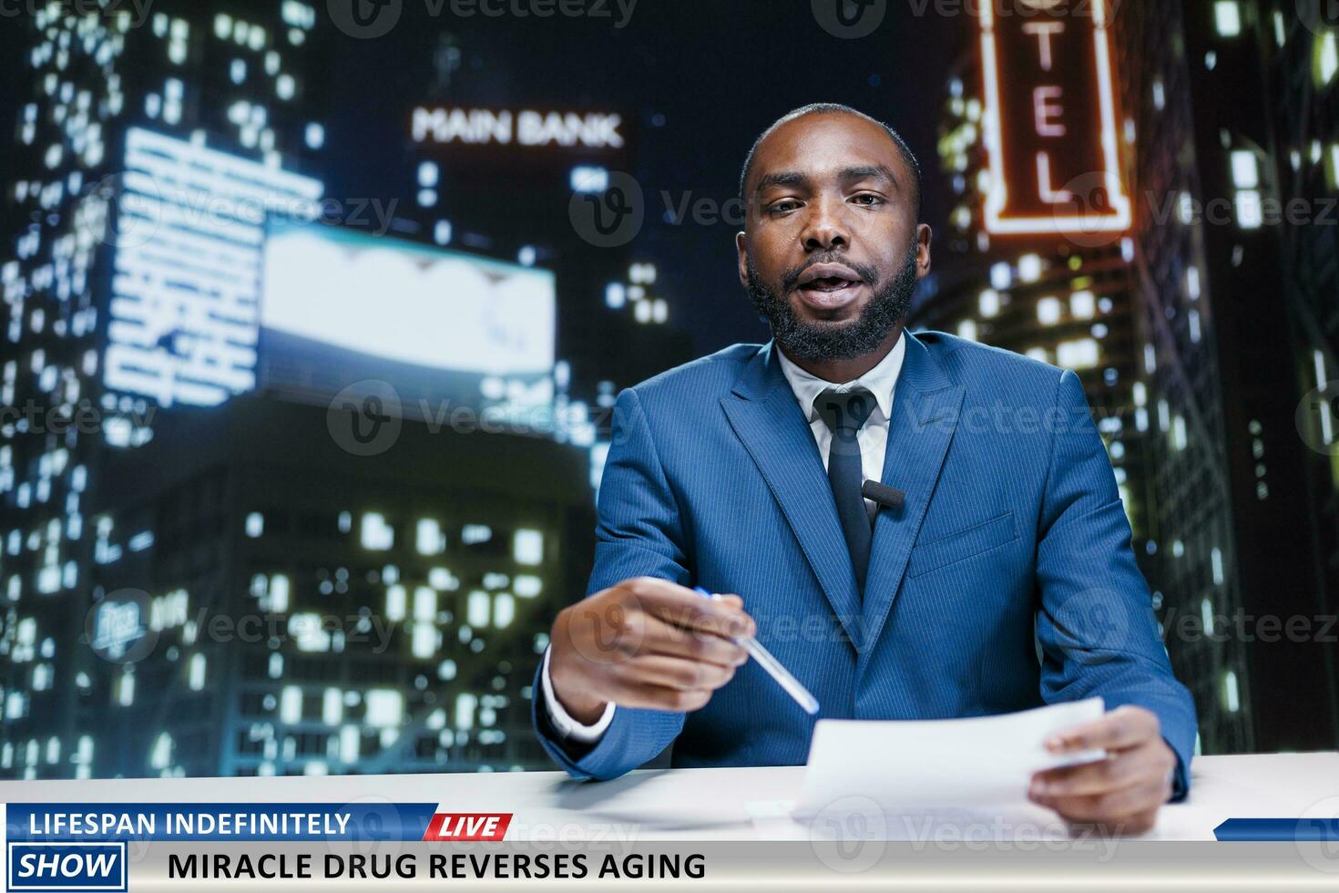 tv reporter discute di anti invecchiamento droga scoperto di medico scienziati, miracoloso sperimentare per conserva gioventù e fermare in crescita vecchio. africano americano giornalista su notte mostrare. foto