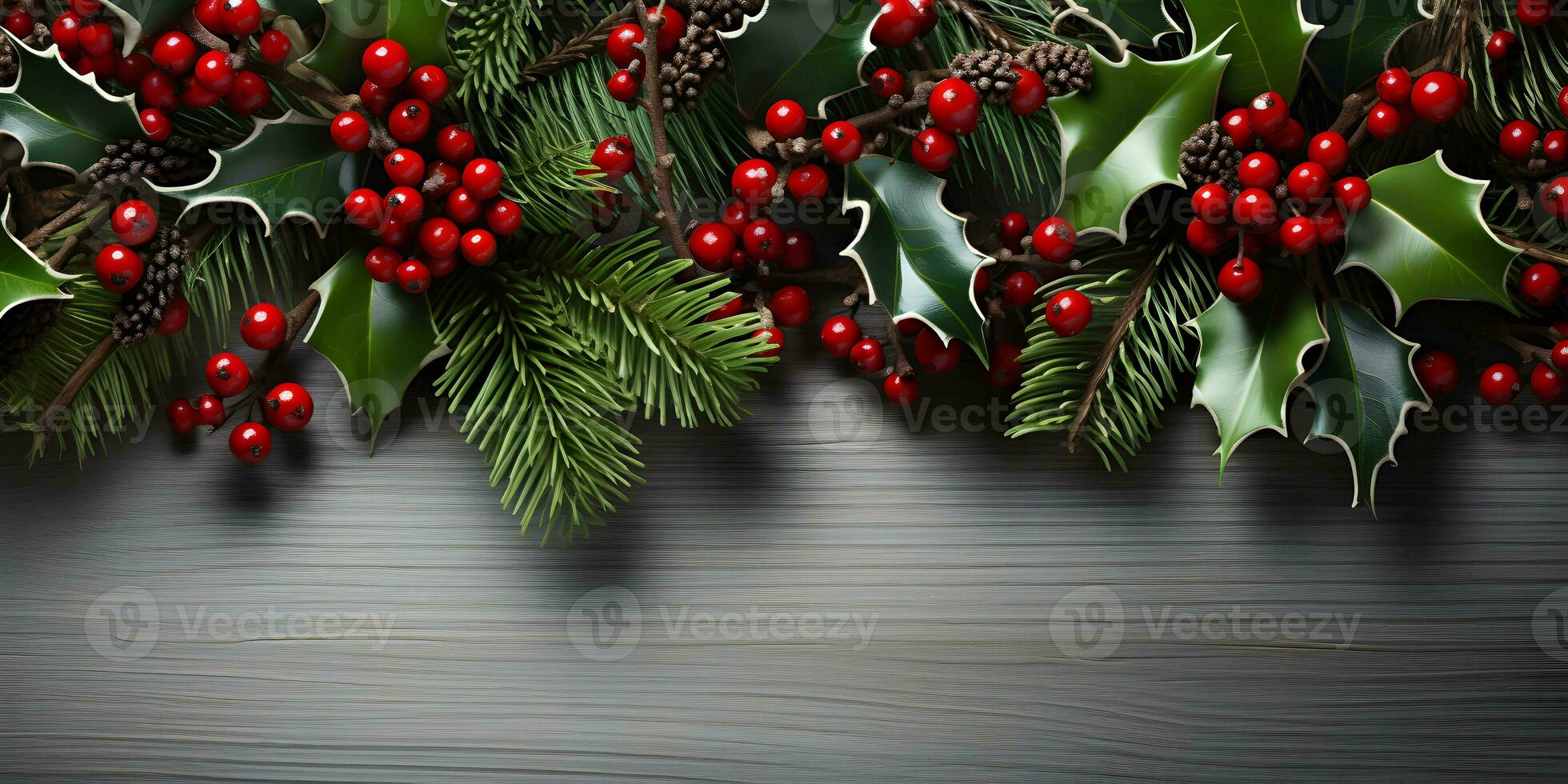 Natale piatto posare modello con abete albero rami, agrifoglio e rosso frutti di bosco su bianca di legno sfondo con copia spazio. superiore Visualizza di inverno vacanza concetto composizione. ai generativo foto