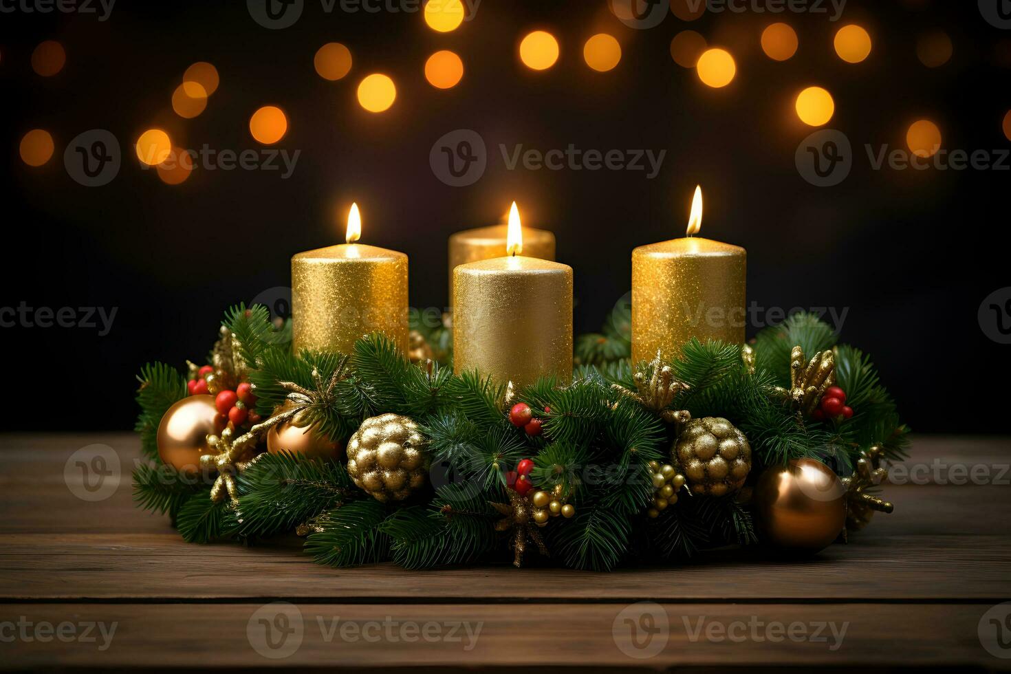 quattro oro ardente candele per Tedesco Avvento stagione. Natale ghirlanda decorazione su buio festivo sfondo. ai generativo foto