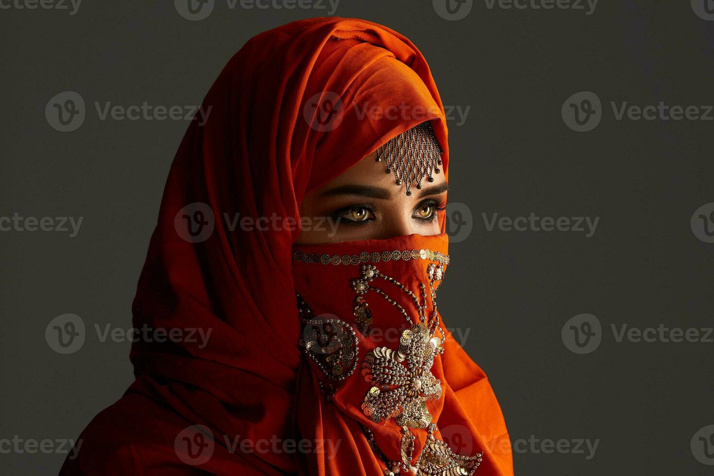 studio tiro di un' giovane affascinante donna indossare il terracotta hijab decorato con paillettes e gioielleria. Arabo stile. foto