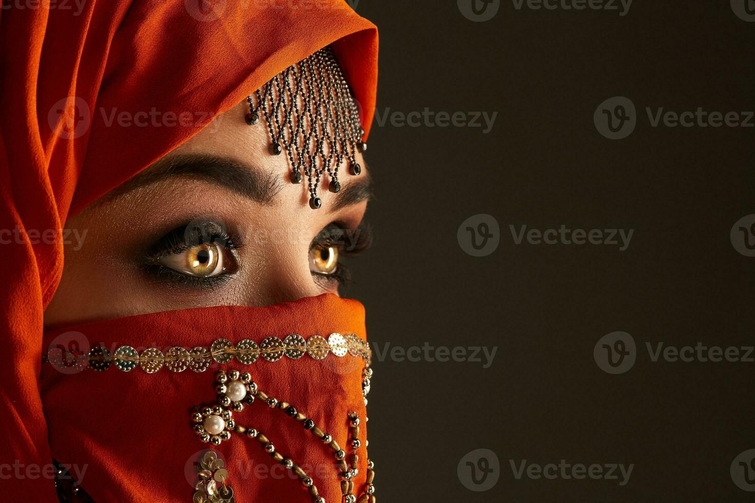 studio tiro di un' giovane affascinante donna indossare il terracotta hijab decorato con paillettes e gioielleria. Arabo stile. foto