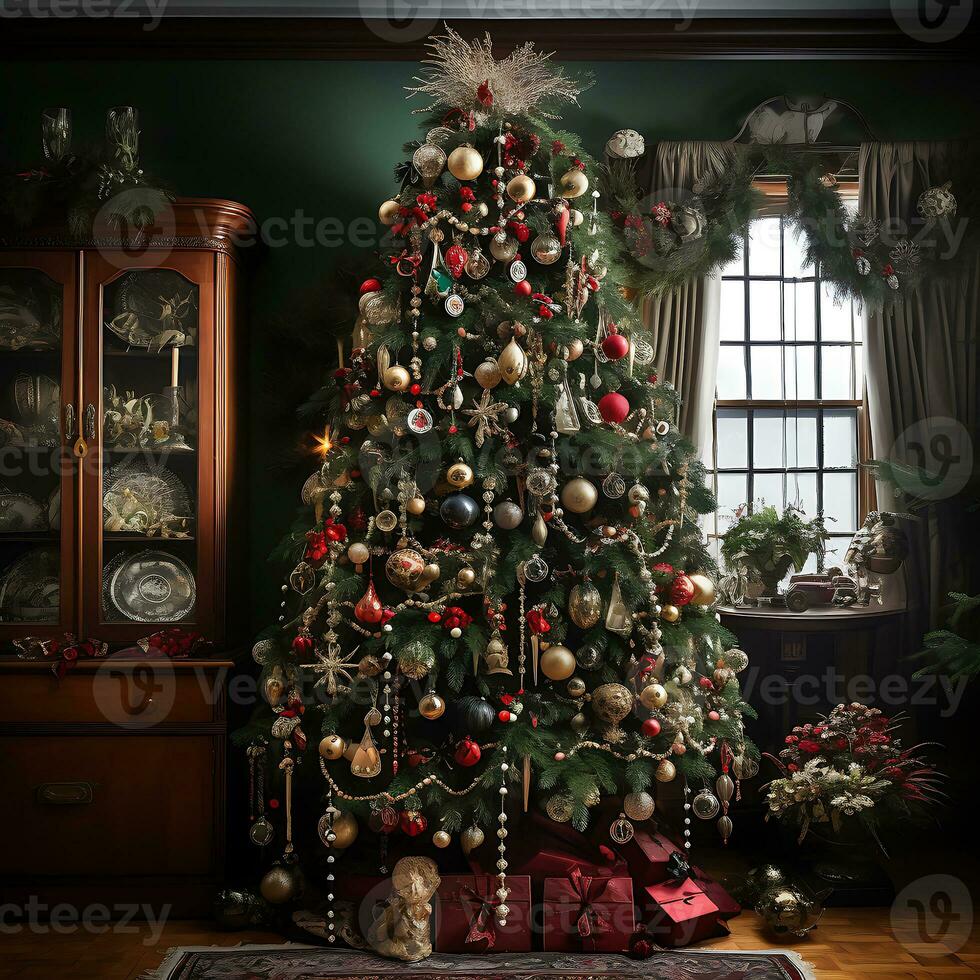 ai generato Natale albero decorato con ornamento generato di ai foto