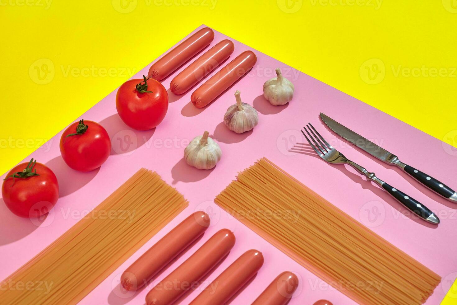 un' lotto di crudo salsicce con pasta e verdure su rosa e giallo sfondo, superiore Visualizza. foto