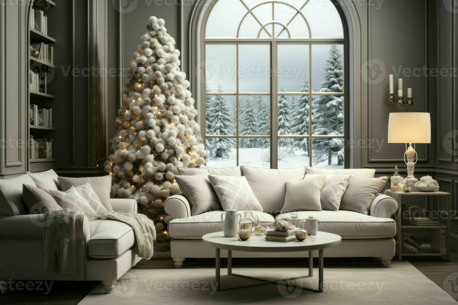 ai generativo, elegante interno di vivente camera con decorato Natale albero, lusso vivente camera nuovo anno foto