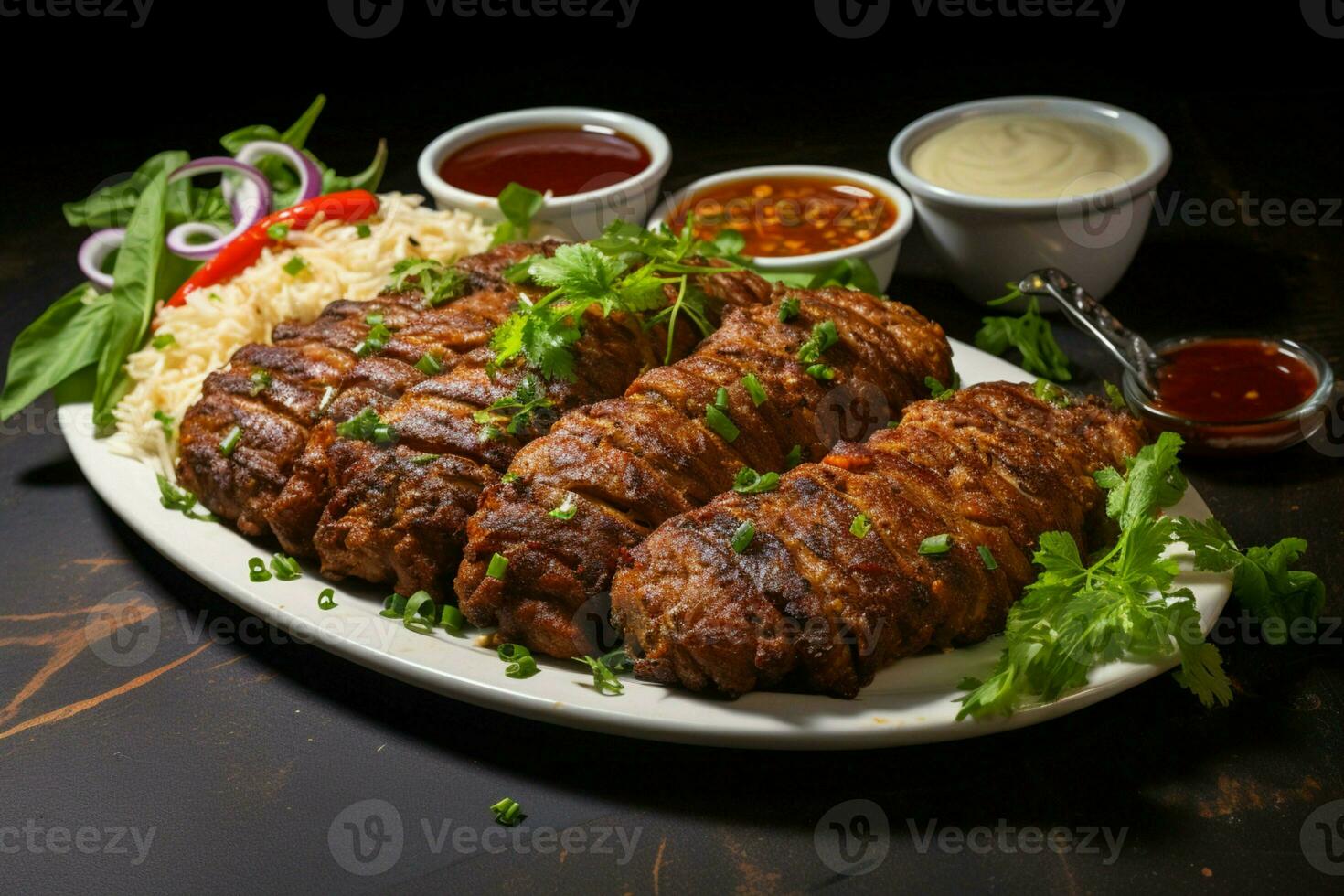 succoso infilzato seekh kabab un' acquolina in bocca miscela di spezie e grigliato bontà ai generato foto