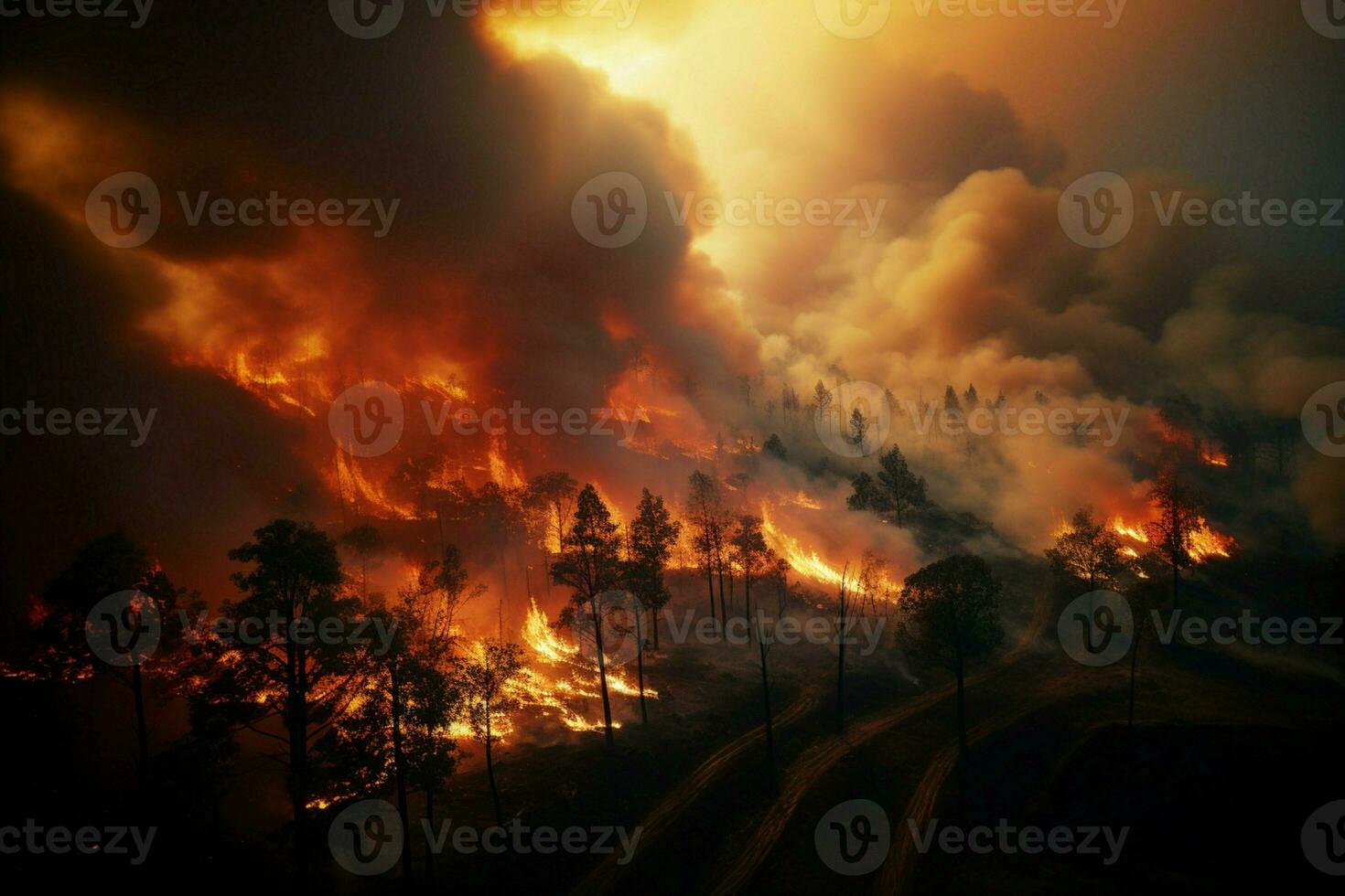 wildfire foresta fuoco inghiotte boschi fuoco si diffonde selvaggiamente ai generato foto