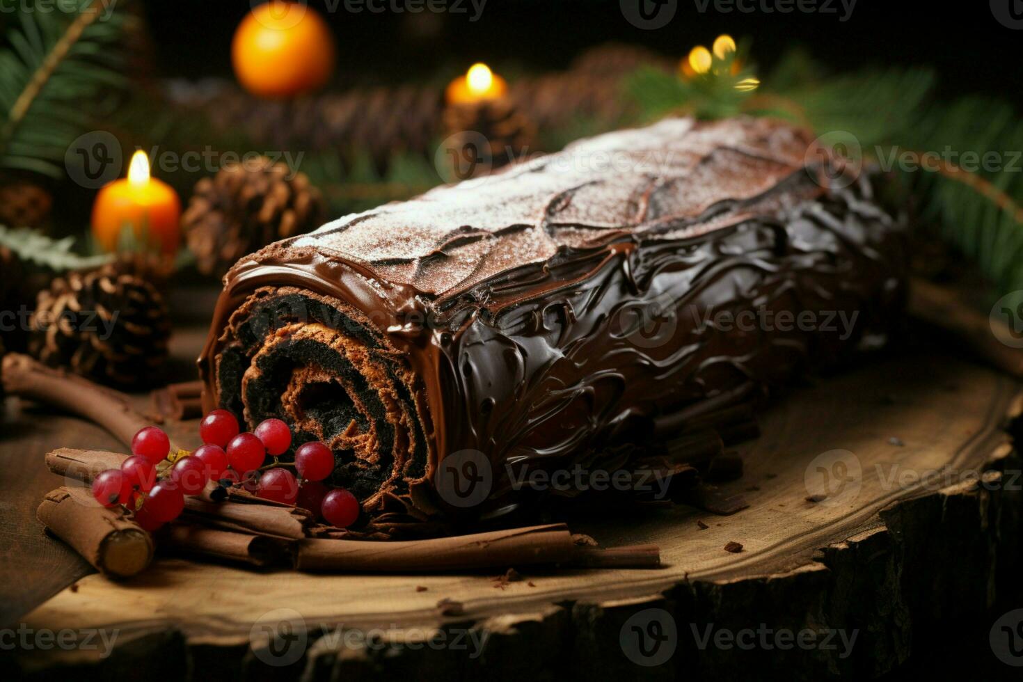 ai generato classico periodo natalizio log un' festivo trattare Natale torta lanciato e ornato per un' delizioso celebrazione ai generato foto