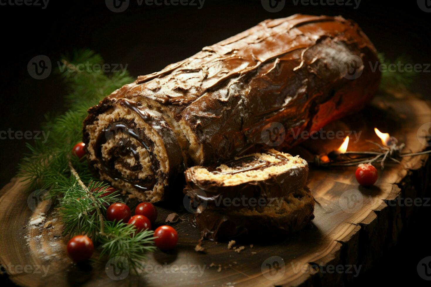 ai generato classico periodo natalizio log un' festivo trattare Natale torta lanciato e ornato per un' delizioso celebrazione ai generato foto