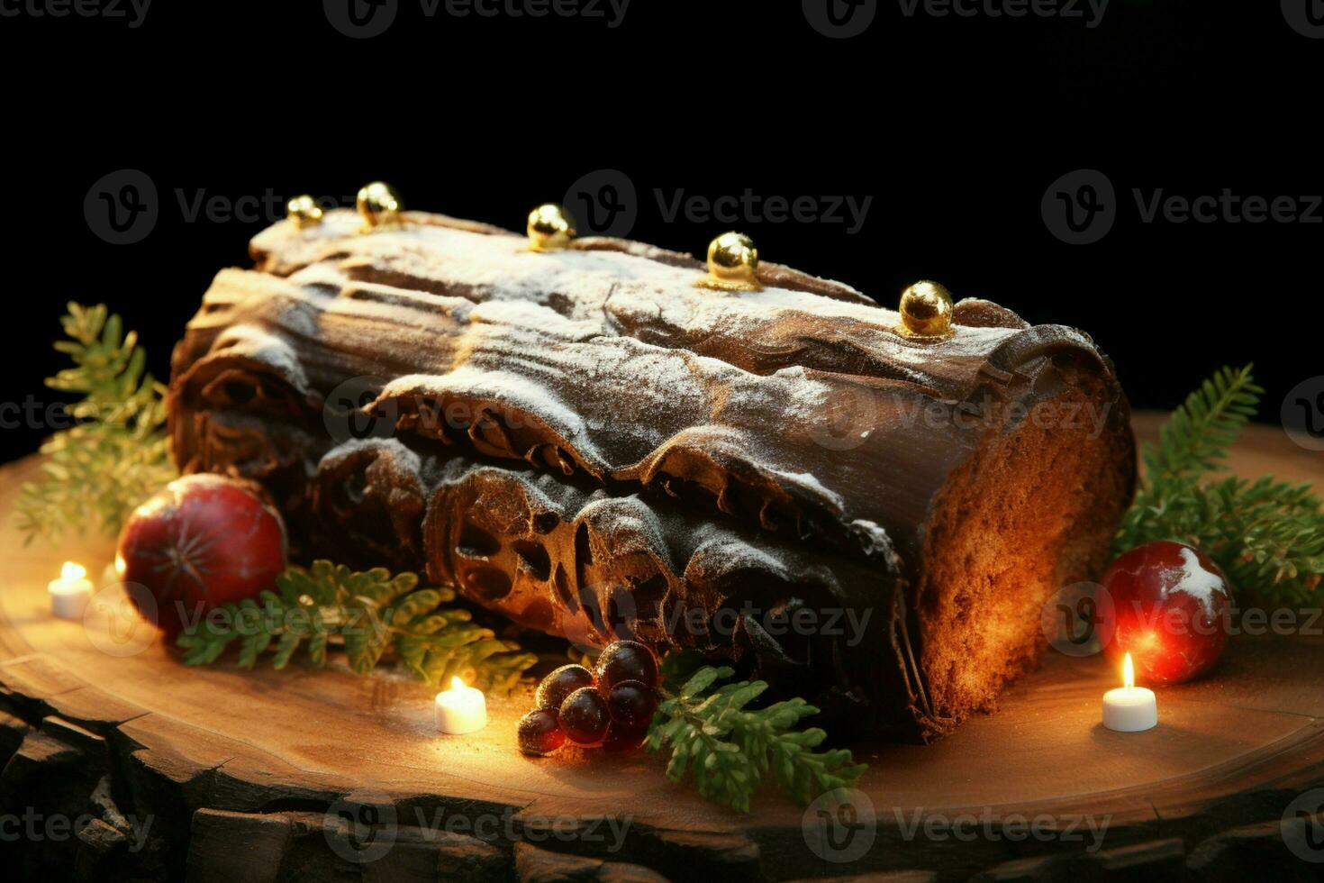 ai generato classico periodo natalizio log un' festivo trattare Natale torta lanciato e ornato per un' delizioso celebrazione ai generato foto