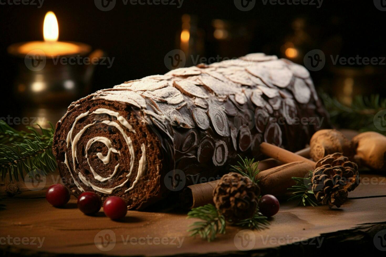 ai generato classico periodo natalizio log un' festivo trattare Natale torta lanciato e ornato per un' delizioso celebrazione ai generato foto