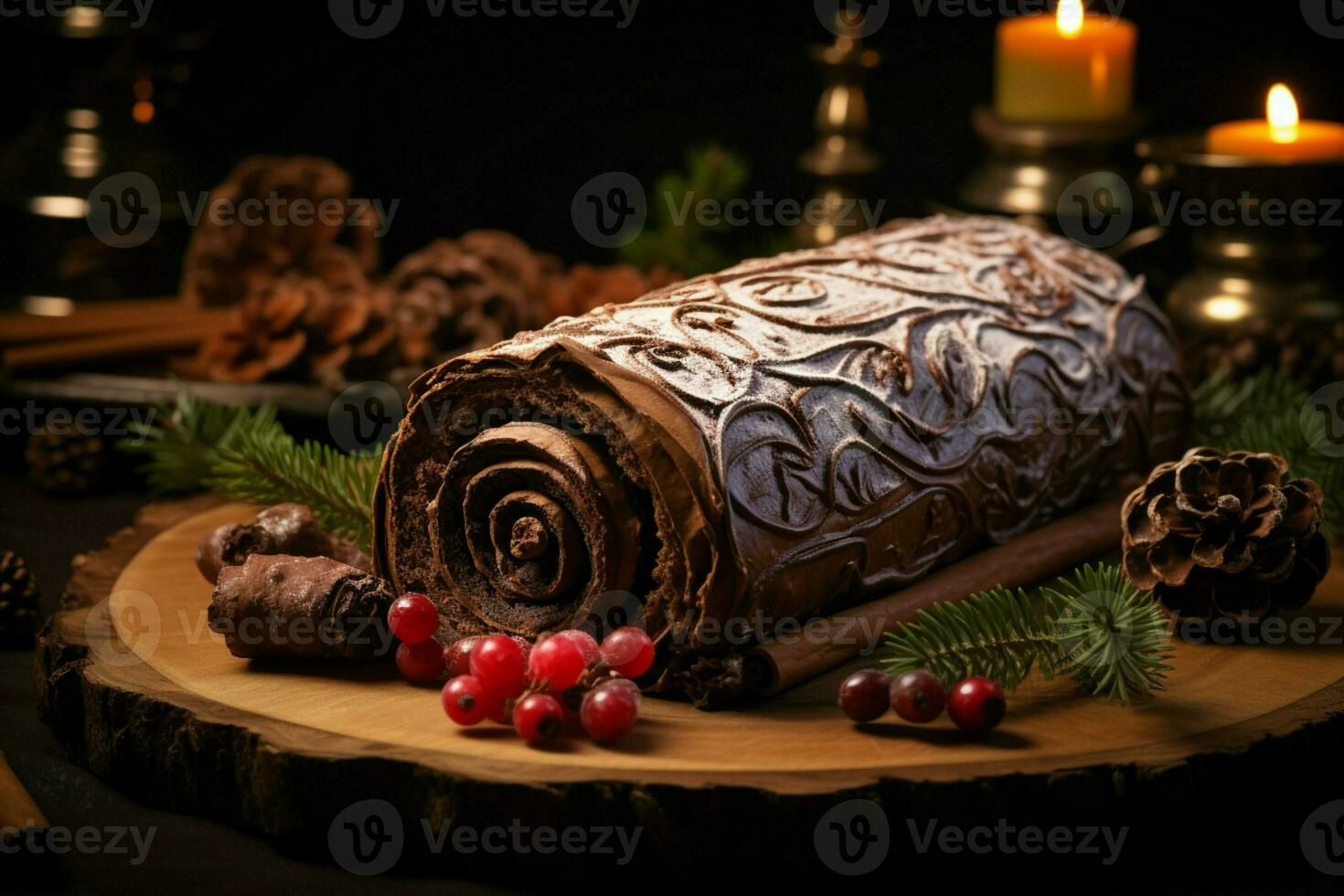 ai generato classico periodo natalizio log un' festivo trattare Natale torta lanciato e ornato per un' delizioso celebrazione ai generato foto