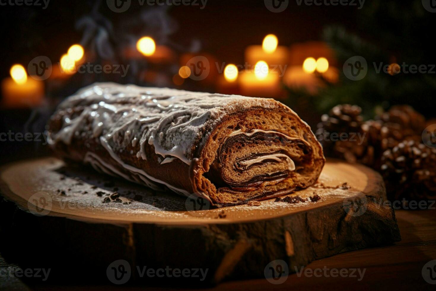 ai generato classico periodo natalizio log un' festivo trattare Natale torta lanciato e ornato per un' delizioso celebrazione ai generato foto