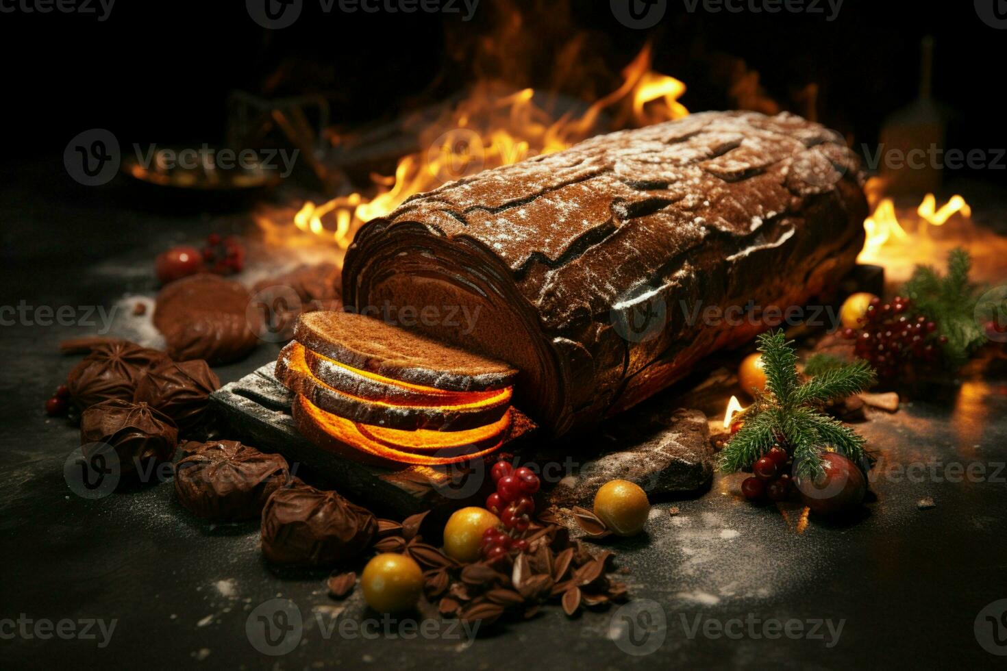 ai generato classico periodo natalizio log un' festivo trattare Natale torta lanciato e ornato per un' delizioso celebrazione ai generato foto