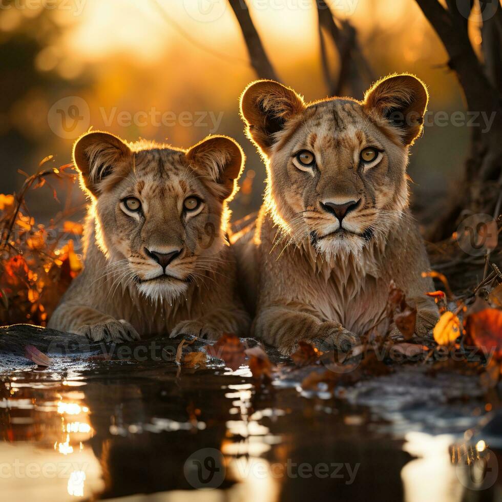 un' avvicinamento di Leone coppia a Alba nel kruger nazionale parco, Sud Africa specie panthera Leo famiglia di felidae generativo ai foto