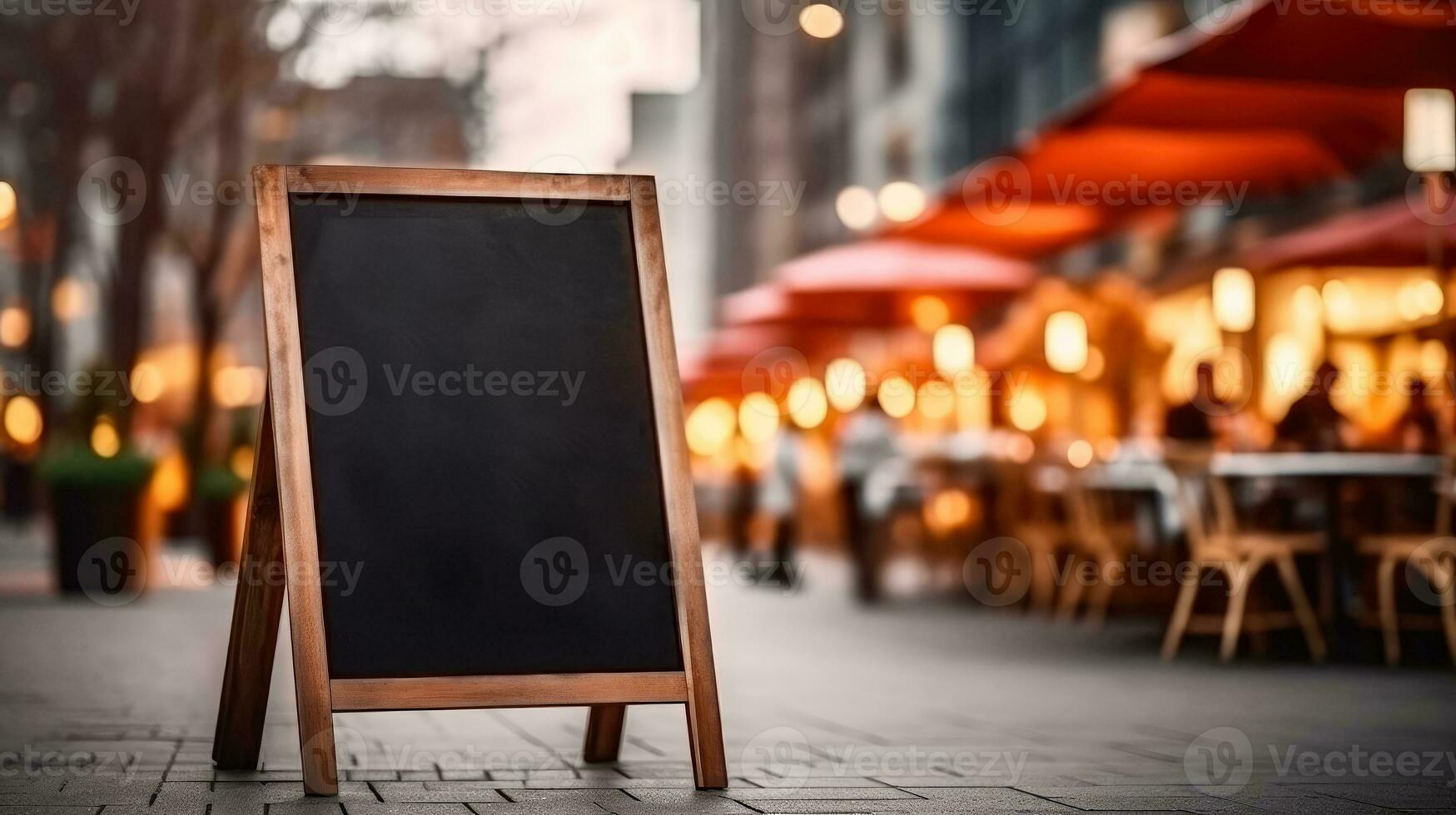 ai generato vuoto lavagna cartello modello nel davanti di un' ristorante , menù tavola con un' strada bar o ristorante, ai generativo foto