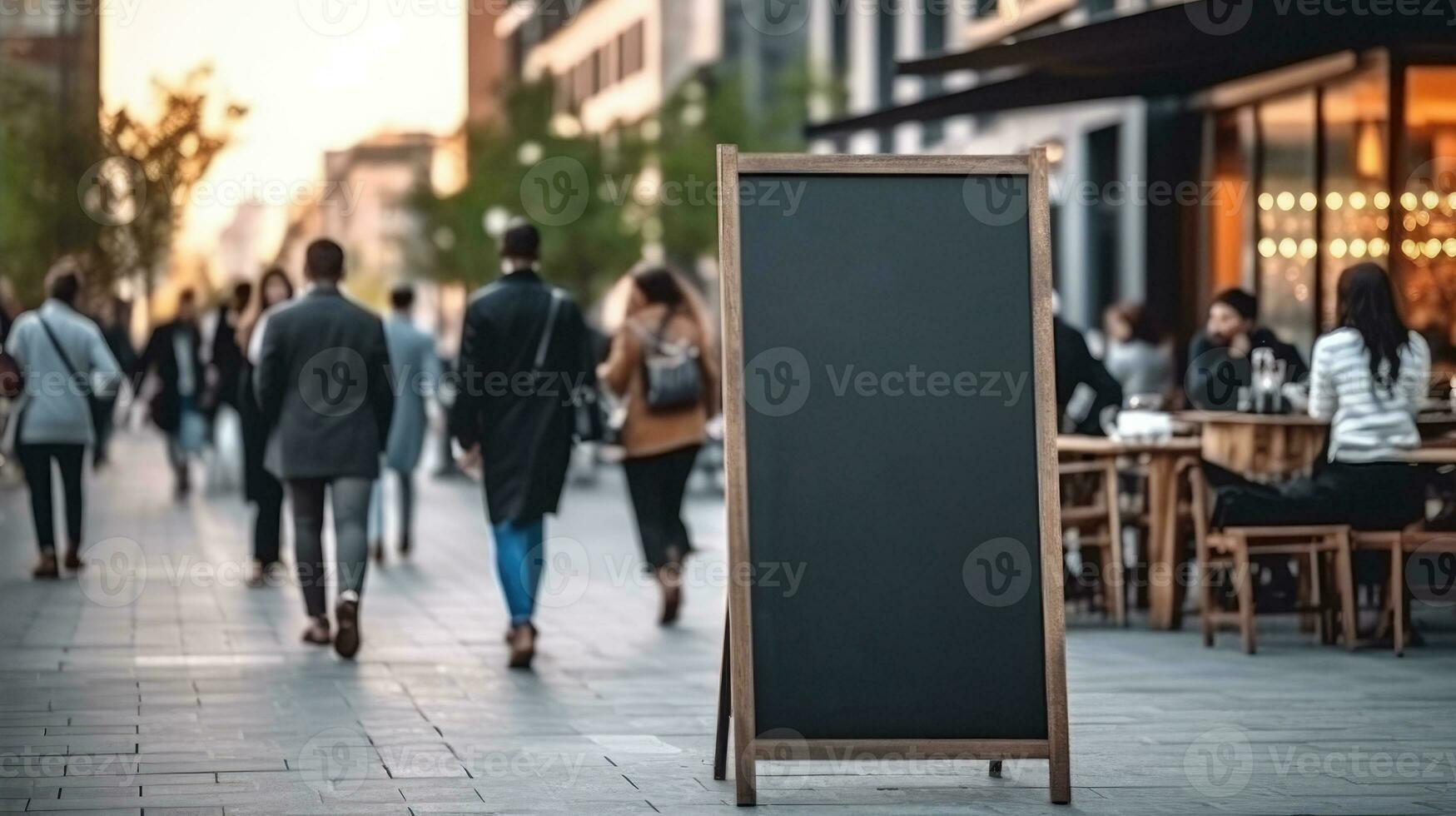 ai generato vuoto lavagna cartello modello nel davanti di un' ristorante , menù tavola con un' strada bar o ristorante, ai generativo foto