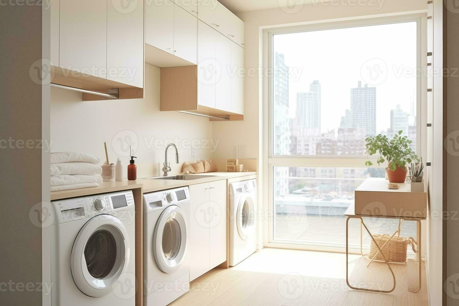 ai generato interno pulito bianca lavanderia camera con davanti caricare rondella e asciugatrice unità , ai generativo foto