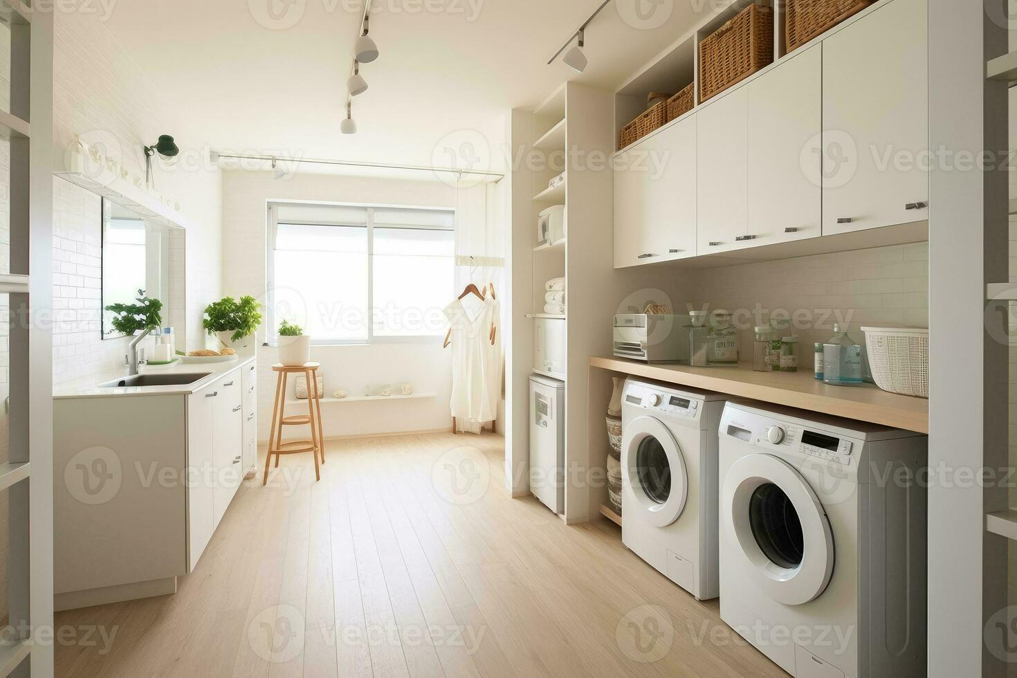 ai generato interno pulito bianca lavanderia camera con davanti caricare rondella e asciugatrice unità, ai generativo foto