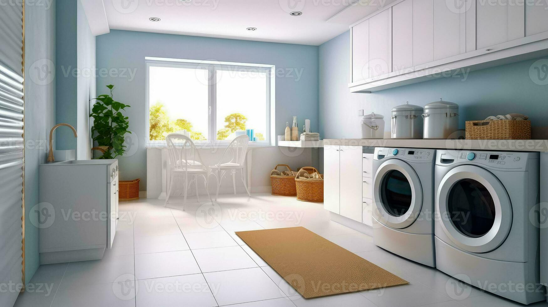 ai generato interno pulito bianca lavanderia camera con davanti caricare rondella e asciugatrice unità , condominio, casa, ai generativo foto