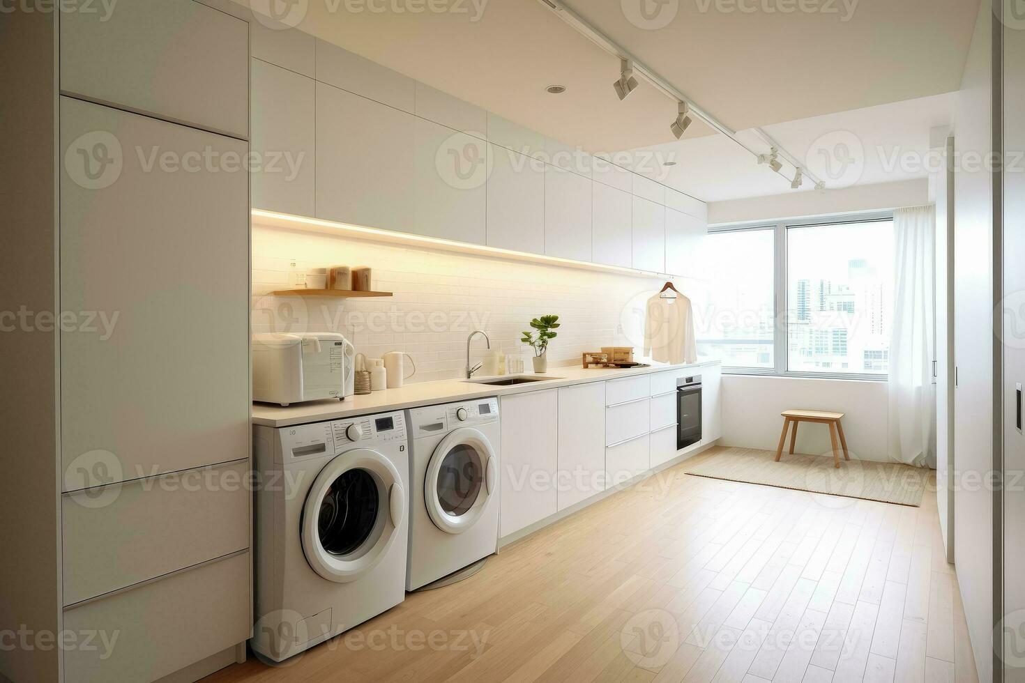 ai generato interno pulito bianca lavanderia camera con davanti caricare rondella e asciugatrice unità, ai generativo foto