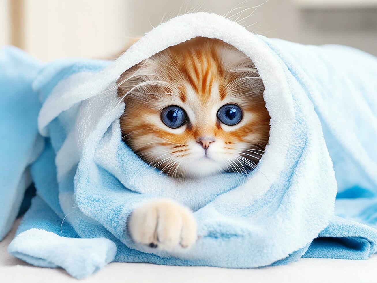 ai generato carino gatto avvolto nel un' bagno asciugamano ai generato foto