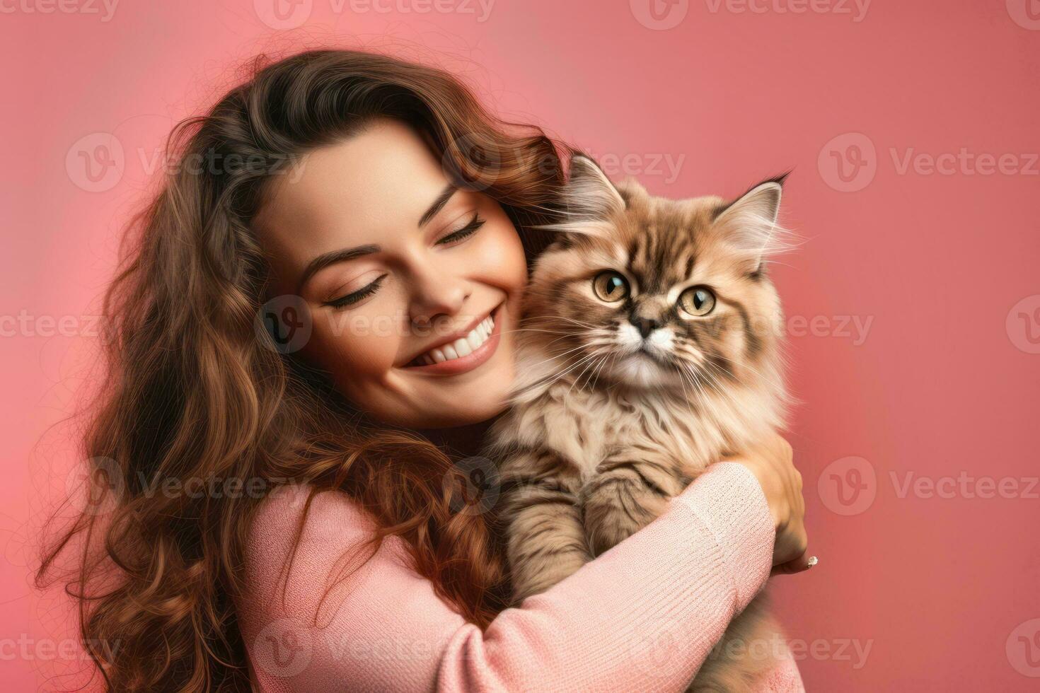 ai generato. donna Abbracciare una persona sua soffice gatto foto