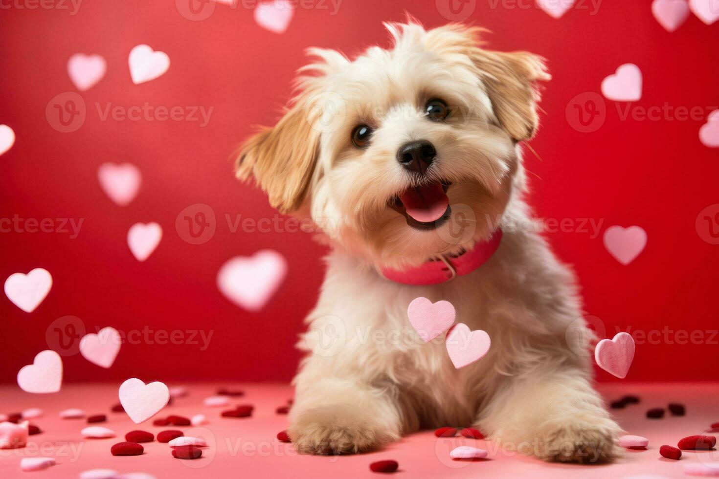 ai generato. gioioso cucciolo con San Valentino cuori foto