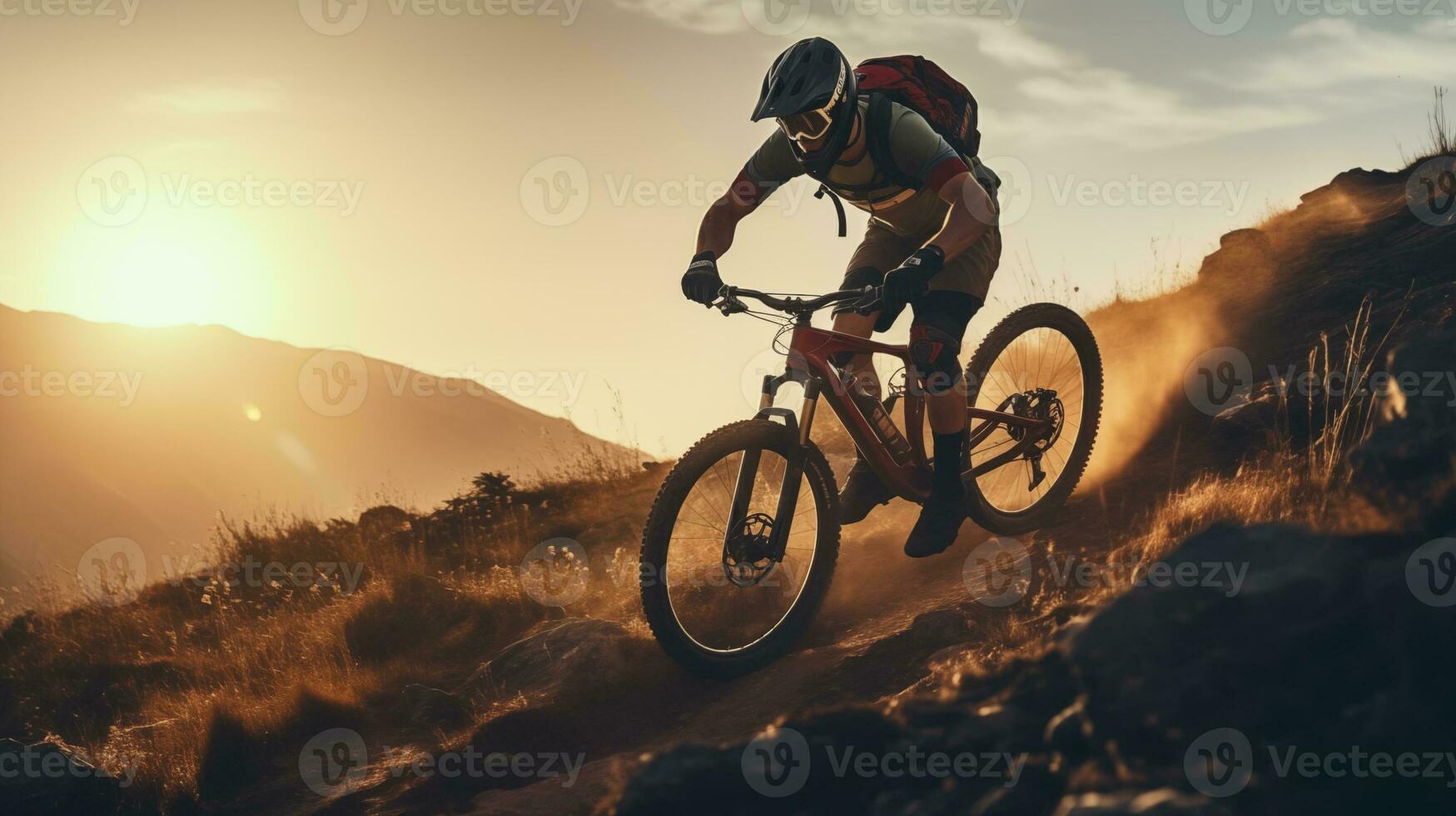 ai generato un' uomo equitazione un' montagna bicicletta su un' pista a tramonto foto