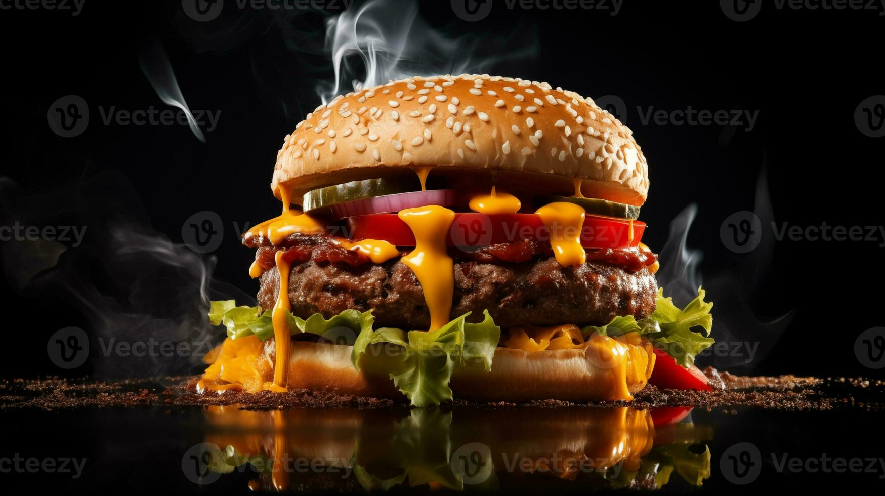 ai generato un' Hamburger con formaggio e carne su un' nero sfondo foto