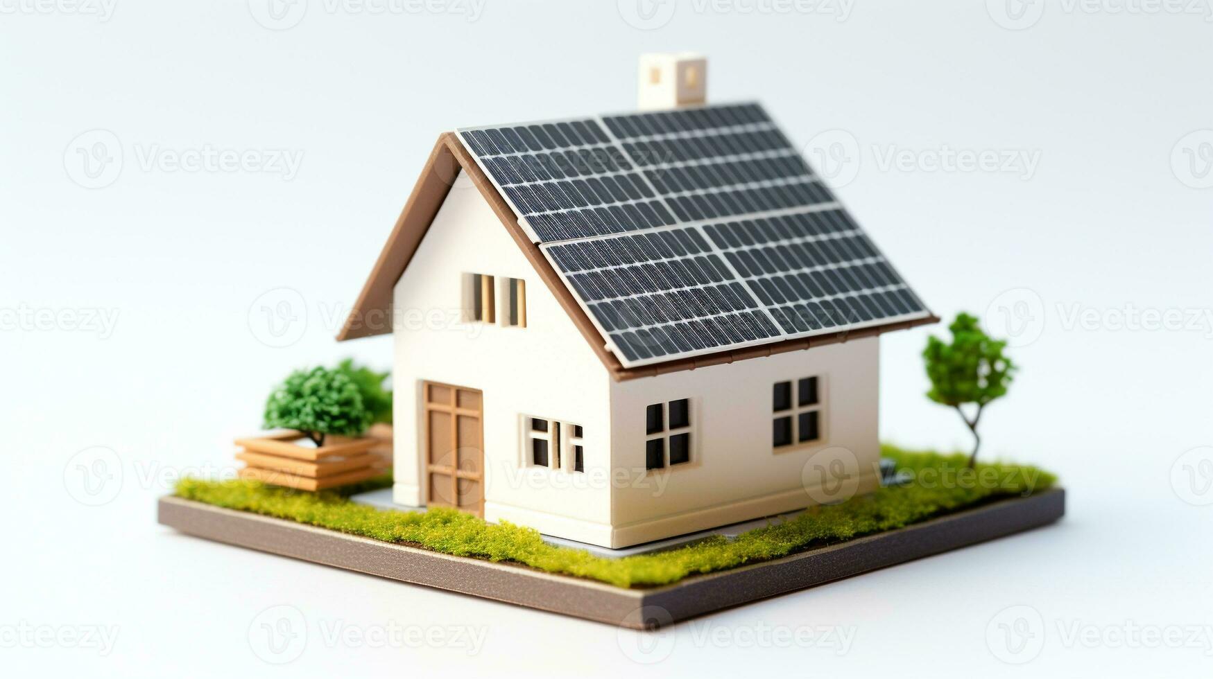 ai generato miniatura Casa modello con solare pannello su tetto su bianca sfondo. inteligente casa energia Salvataggio concetto foto