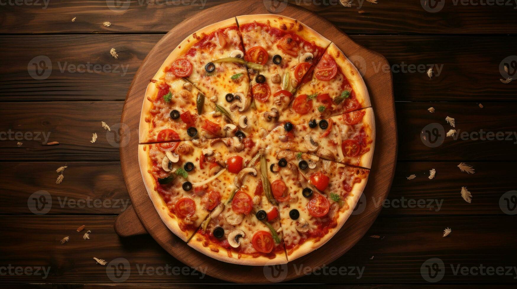 Pizza su un' di legno sfondo. superiore Visualizza con copia spazio. foto