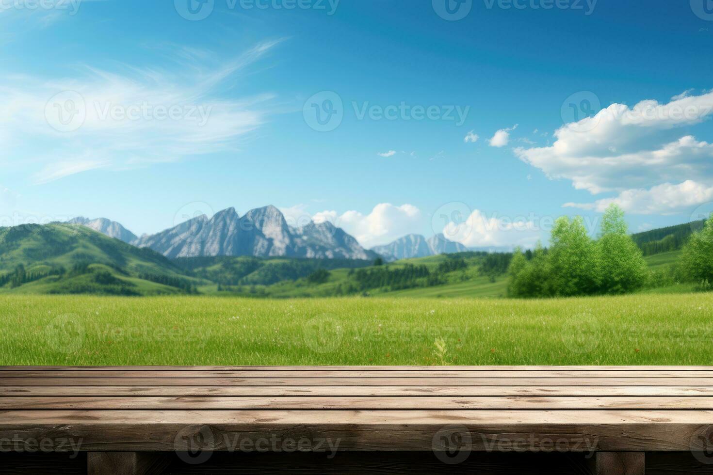 di legno tavolo verde natura sfondo, di legno pavimento per prodotti foto