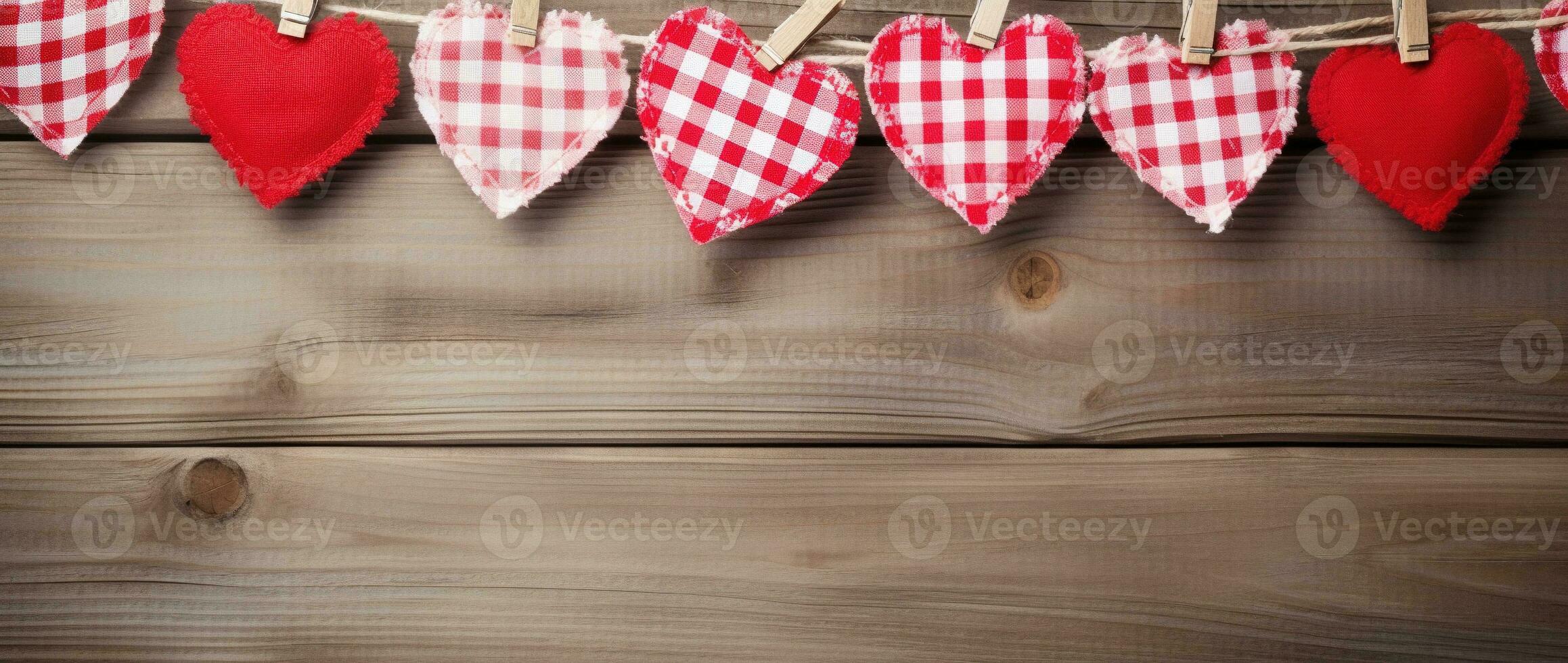 ai generato San Valentino giorno sfondo con cuori e mollette su di legno parete foto