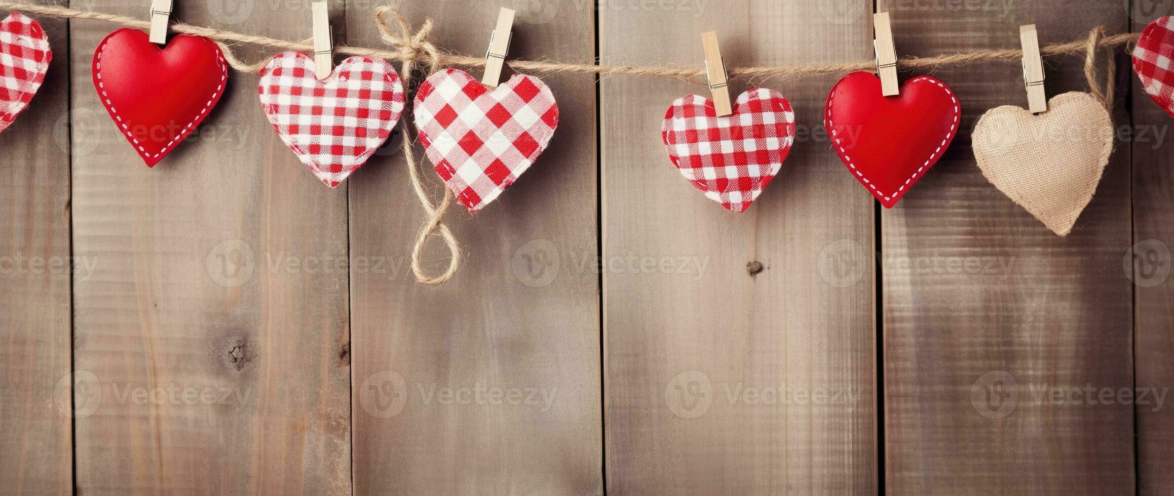 ai generato San Valentino giorno sfondo con cuori e mollette su di legno parete foto