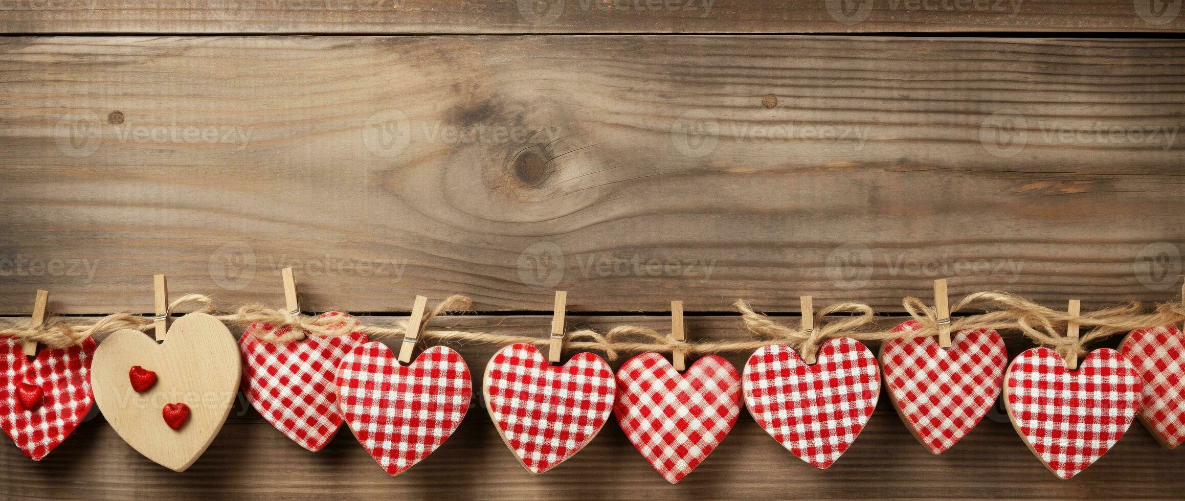 ai generato San Valentino giorno sfondo con cuori e mollette su di legno parete foto