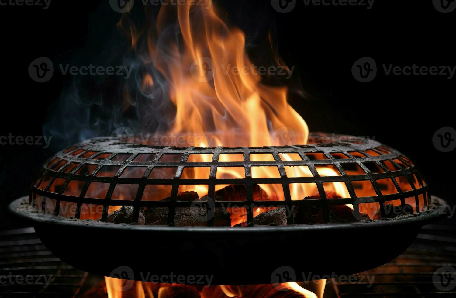 barbecue griglia con ardente falò fiamme avvicinamento foto. creare ai foto