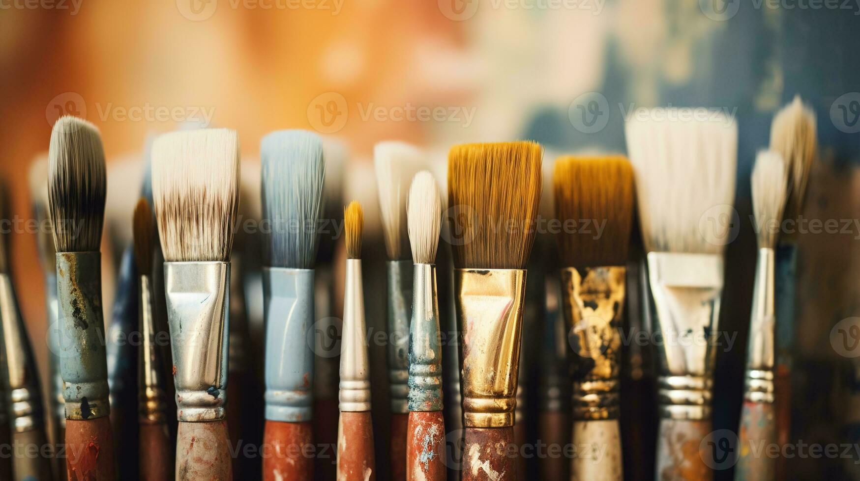 ai generato generativo ai, colorato Usato spazzole nel un dell'artista studio, estetico smorzato colori foto