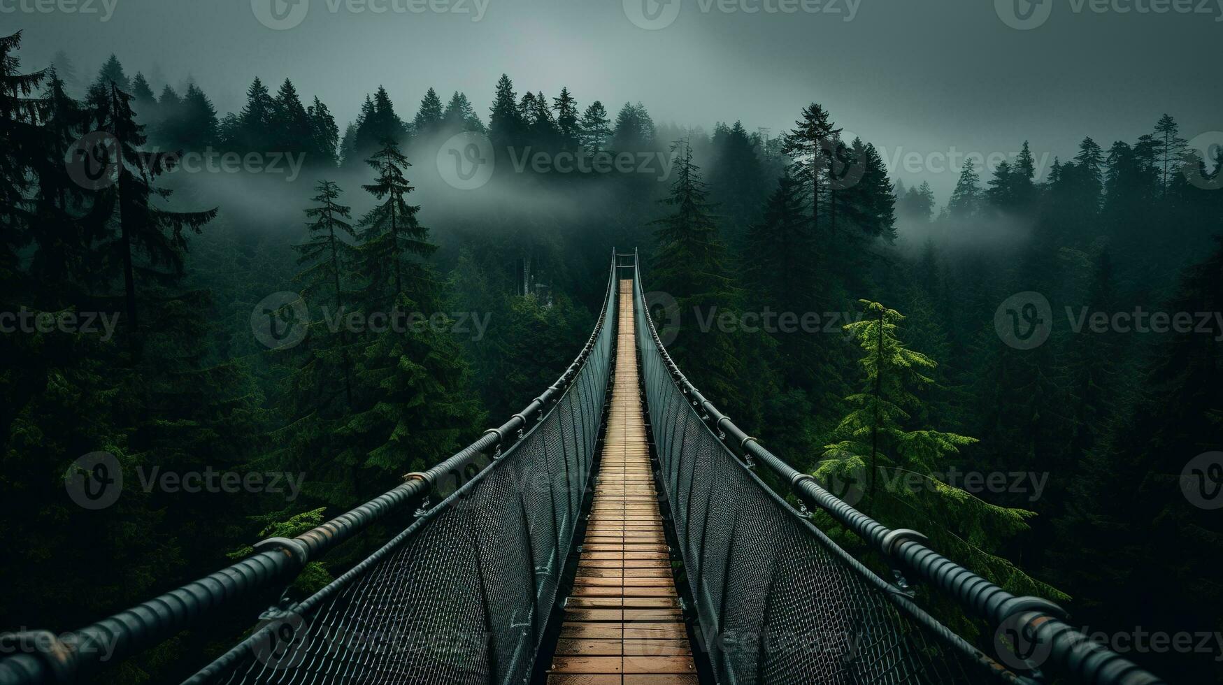 ai generato generativo ai, cima dell'albero imbarco ponte su nebbioso abete foresta bellissimo paesaggio nel fricchettone Vintage ▾ retrò stile, nebbioso montagne e alberi. foto