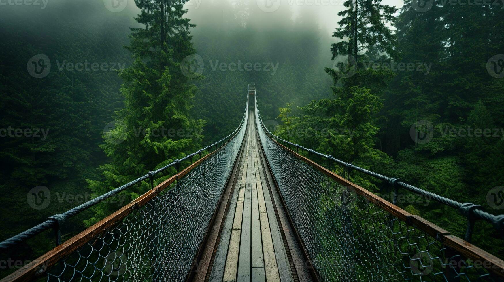 ai generato generativo ai, cima dell'albero imbarco ponte su nebbioso abete foresta bellissimo paesaggio nel fricchettone Vintage ▾ retrò stile, nebbioso montagne e alberi. foto