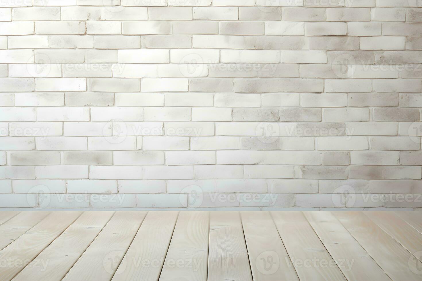 ai generato legna pavimento con bianca mattone parete con illuminazione modello struttura sfondo foto