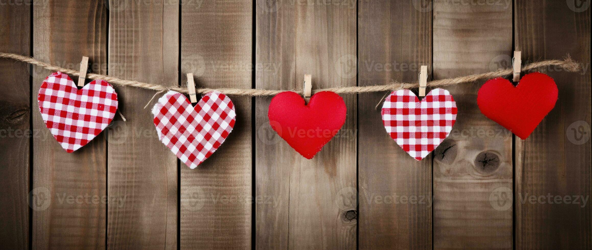 ai generato San Valentino giorno sfondo con cuori e mollette su di legno parete foto