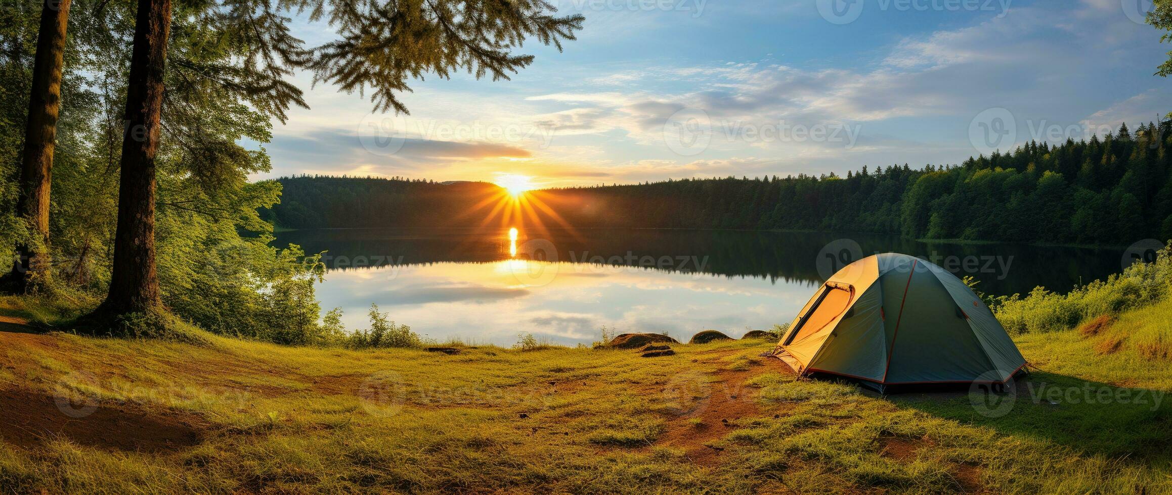 ai generato campeggio tenda su il riva di un' lago a tramonto. foto