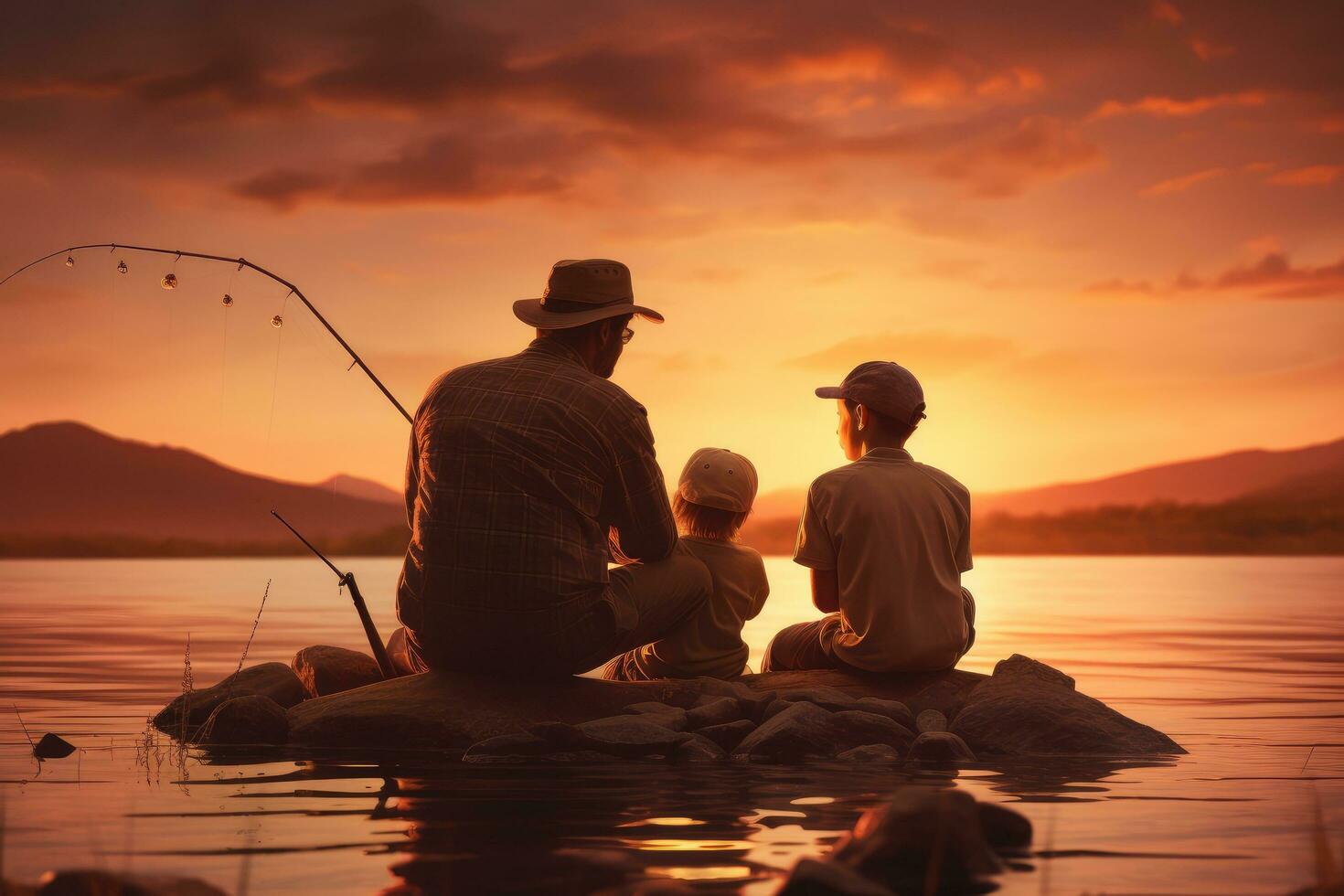 ai generato padre e figlio pesca insieme su il lago a tramonto. concetto di amichevole famiglia, famiglia papà e Due figli maschi siamo pesca a tramonto, ai generato foto