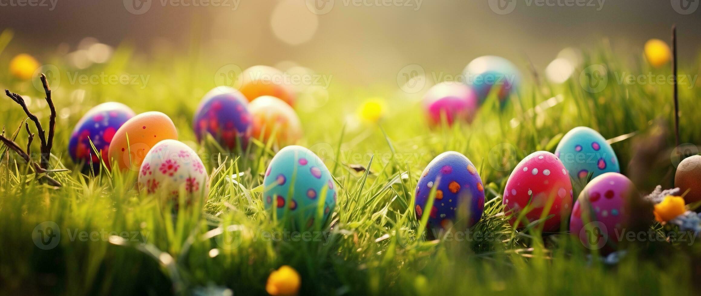 ai generato colorato Pasqua uova nel erba. contento Pasqua sfondo. foto