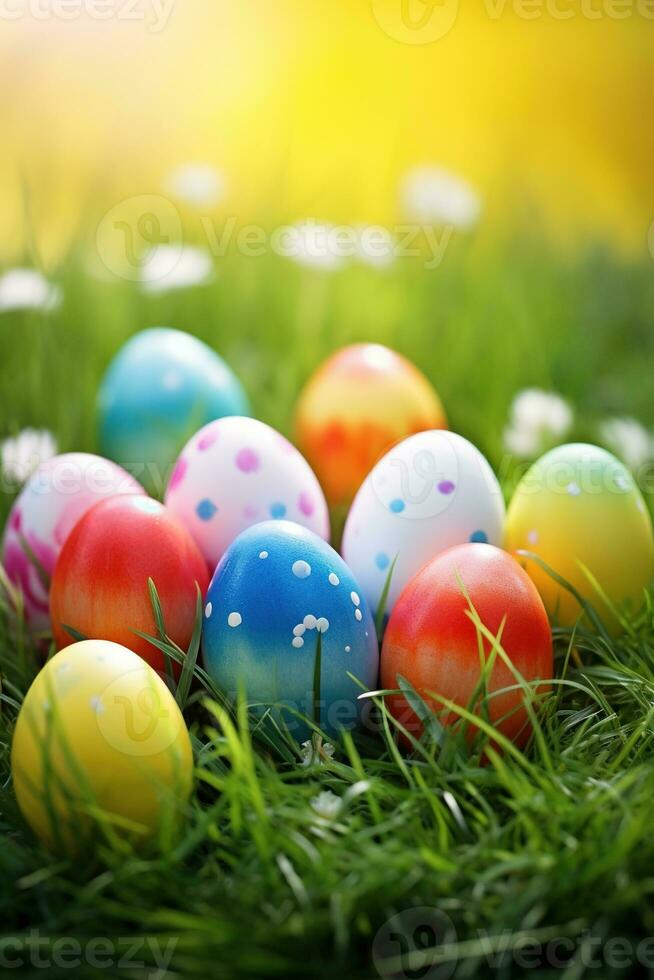 ai generato colorato Pasqua uova nel erba. contento Pasqua sfondo. foto