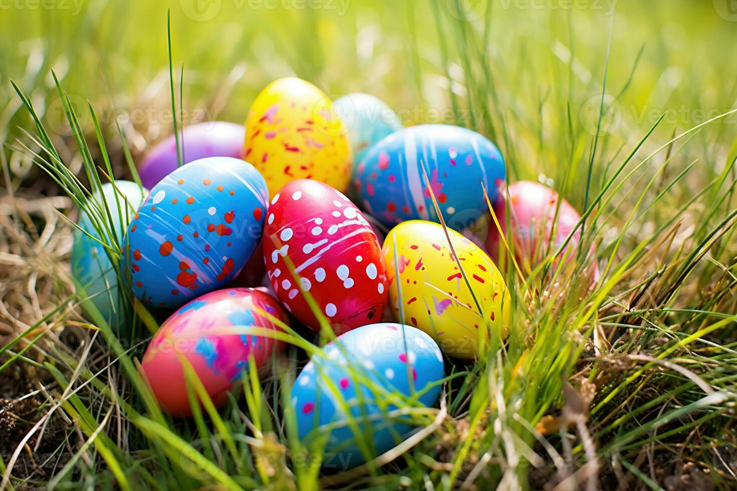 ai generato colorato Pasqua uova nel erba. contento Pasqua sfondo. foto